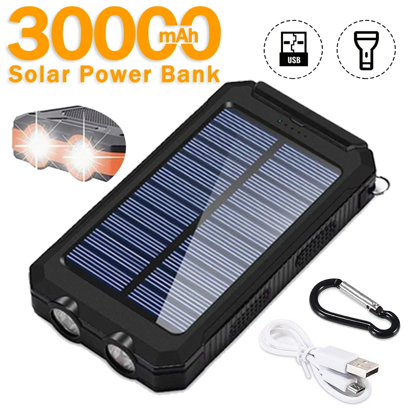 solar power bank 30000mah waterproof portable external battery with sos led light travel powerbank for samsung xiaomi iphone free global shipping