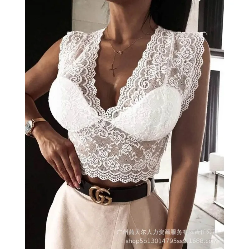 

Women Sleeveless Summer Spring Sexy Camis Tanks Tops V Neck Padded Crochet Lace Crop Top