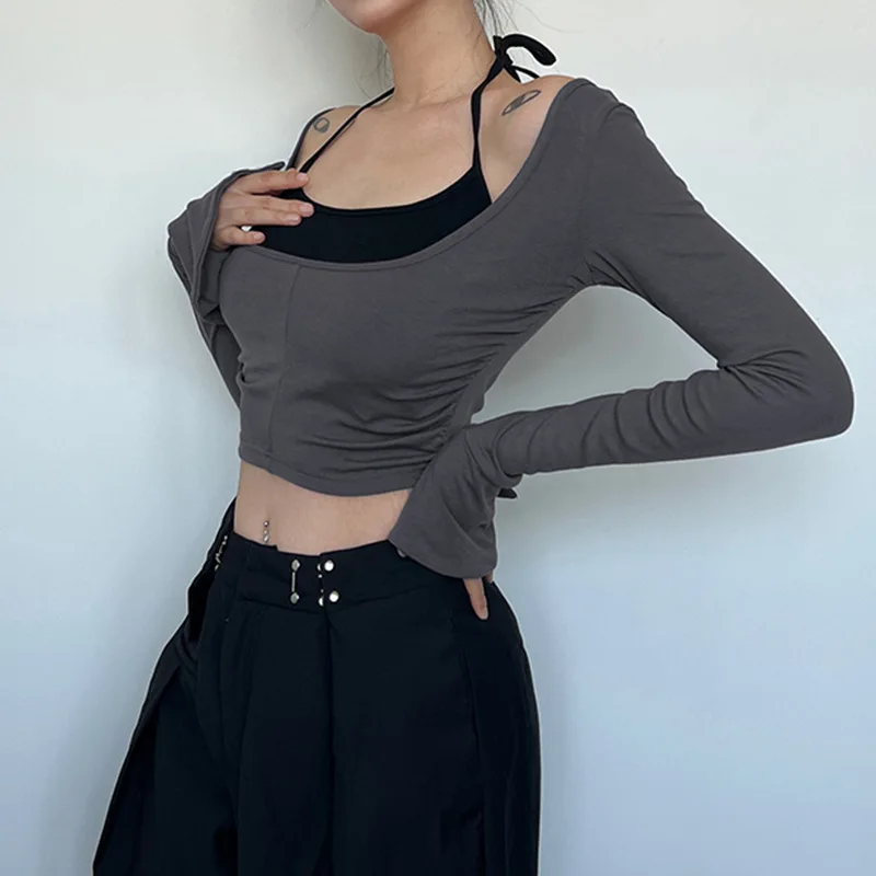 

Women Long Sleeve U-neck T-Shirt Spring And Autumn New Flare long sleeve Hem Slim Casual Top Girl T-Shirt
