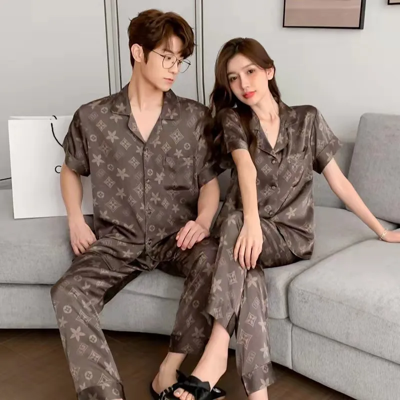 

Summer New Simulated Silk Pajamas Men's and Women's Short Sleeve Long Pants Home Suit Couple Set