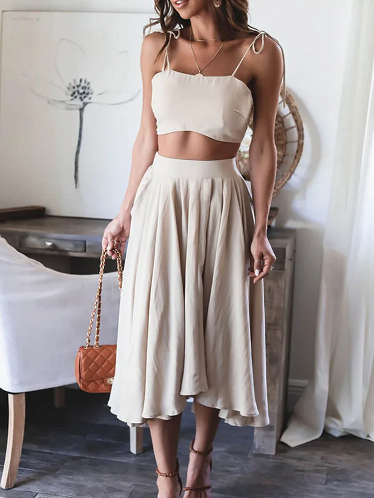 

Women Summer Crop Sleeveless Tube Tops+High Waisted Pleats Solid Skirt 2Pc Suits Lady Off Shoulder Vest Tanks Street Outfits New