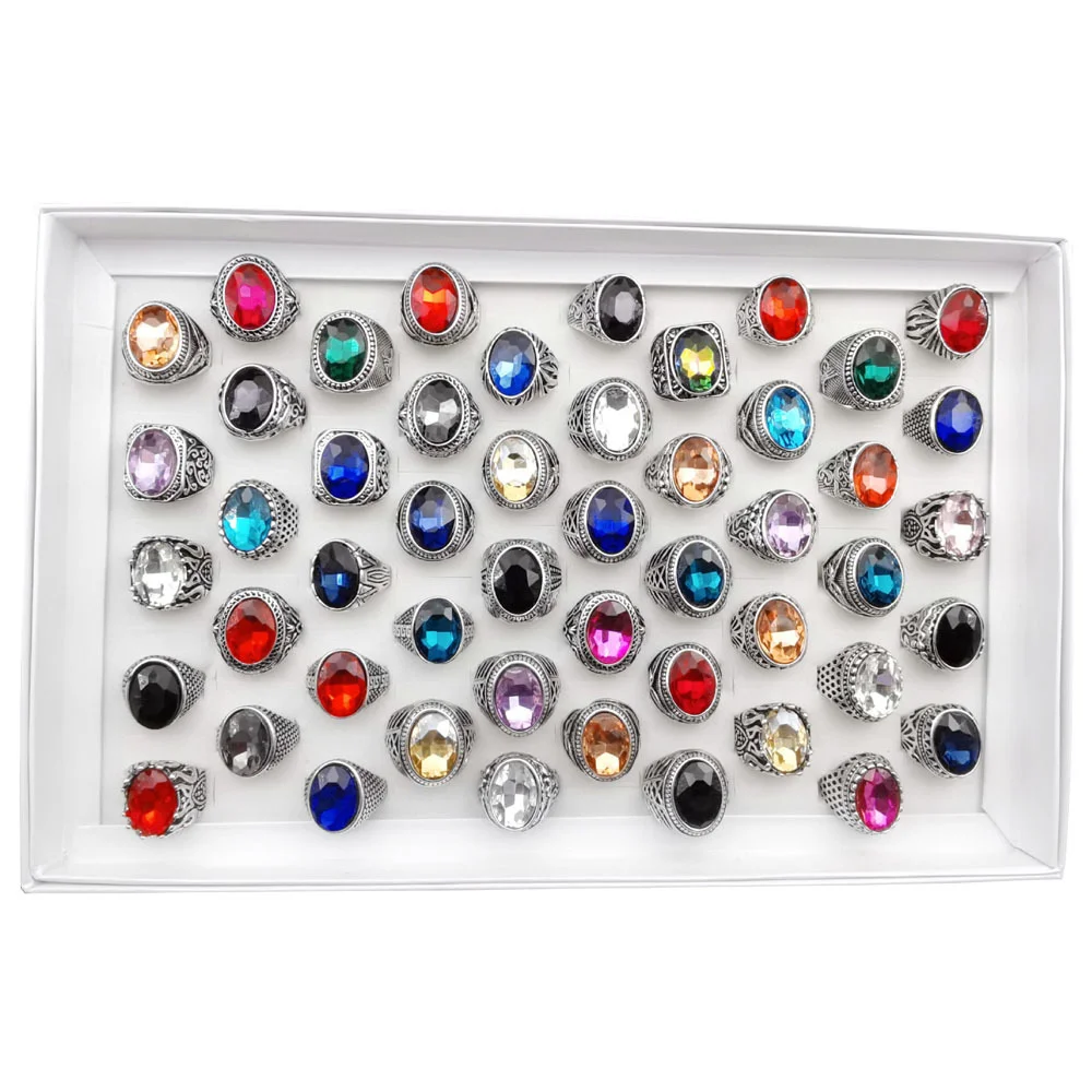 

50pcs/lot Mixed Vintage Crystal Stone Geometric Silver Color Rings for Women Men Party Fashion Jewelry Gift Wholesale