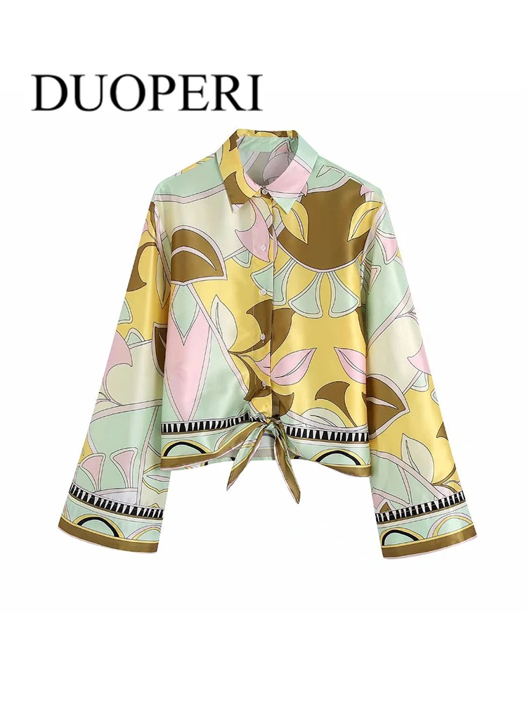 

DUOPERI Women Fashion Printed Shirts With Bow Tied Vintage Lapel Collar Long Sleeve Female Blouses Blusas Chic Tops