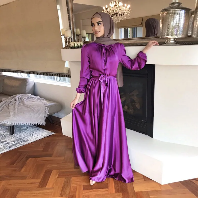 Soft Tunic Swing Women Dress Dubai Elegant Satin Spring Autumn Fashion Solid Robe Femme Musulmane Moroccan Kaftan