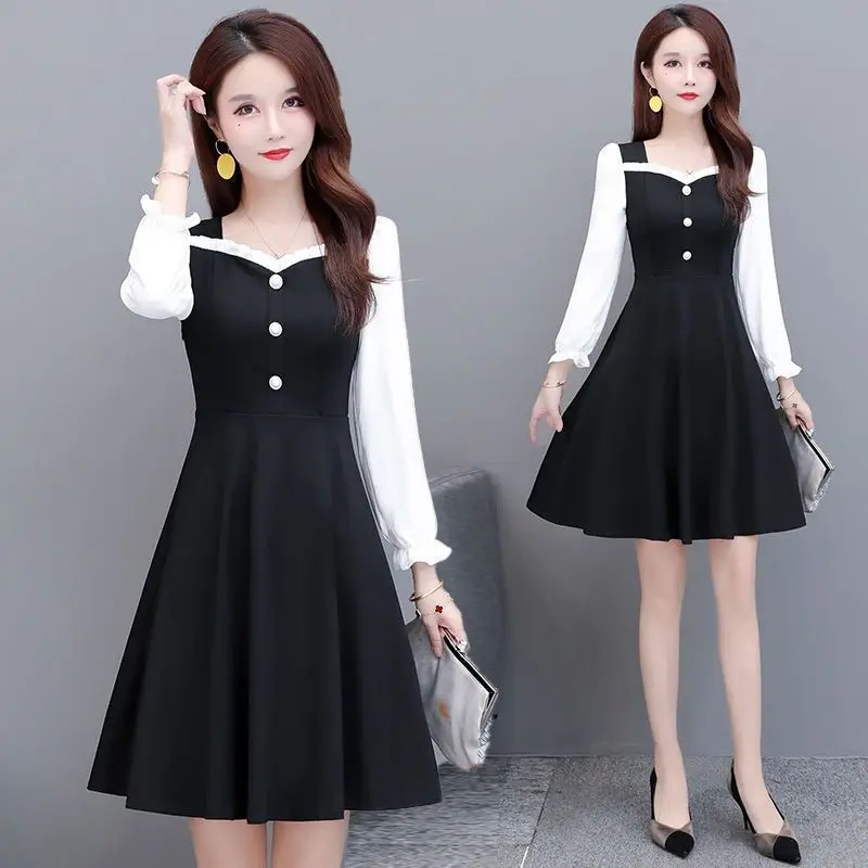 

Woman Patchwork Long Sleeve T Shirt Pocket Dress Female Causal Party Dress Streetwear Lady Fake Two Pleated Dress Vestidos G65