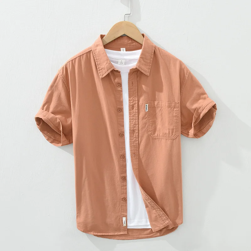 

Short Men's Literary Style Cotton Sleeve Shirt Summer Multicolor Casual Shirt Solid Color Handsome Half Sleeve Tops
