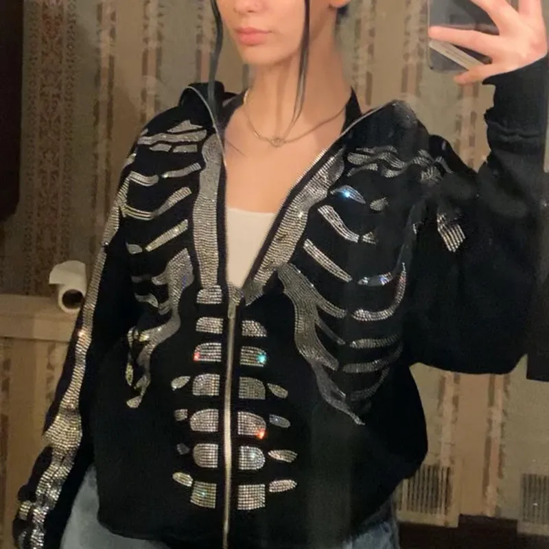 

Rhinestone Skeleton Hoodies Coat 2022 Autumn Y2k Gothic Long Sleeve Oversized Hooded Sweatshirt Sport Coat Men Zip Hoodie Jacket