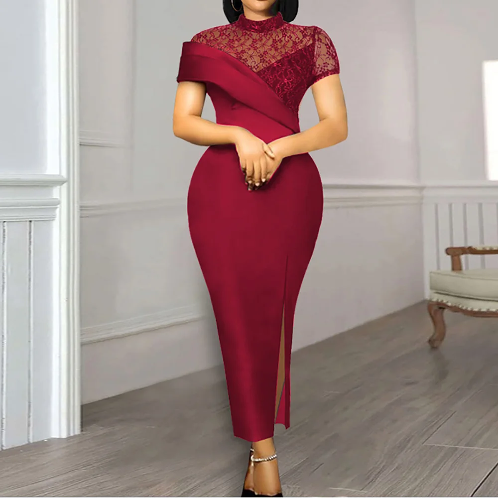 

Elegant Black Split Party Women's Dress Sexy See-Though Mesh Lace Bodycon Long Dresses Vintage Ruffles Patchwork Maxi Robe