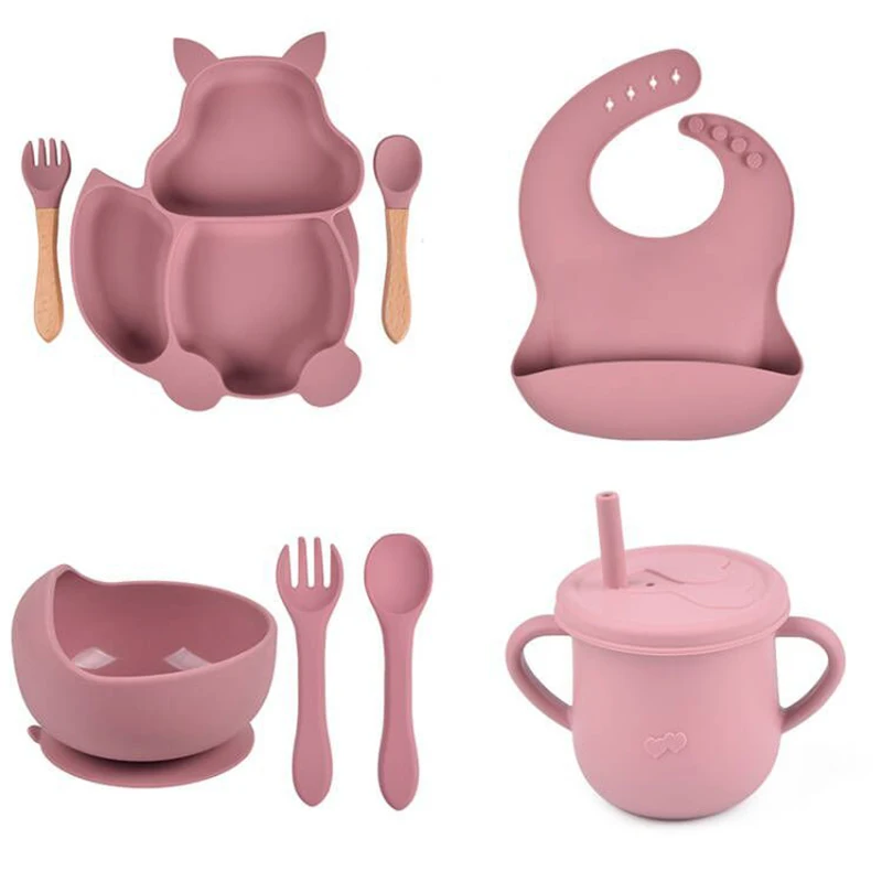 

8PCS/Set Dinnerware Baby Silicone Sucker Bowl Plate Sippy Cup Bibs Spoon Fork Kids Non-slip Feeding Dishes BPA Free Tableware
