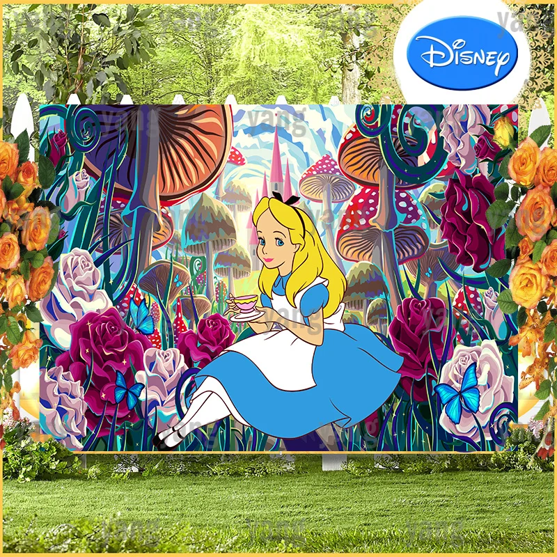 Cartoon Disney Castle Alice In Wonderland Newborn Birthday Party Decoration Mushroom Backdrop Cake Table Background Banner