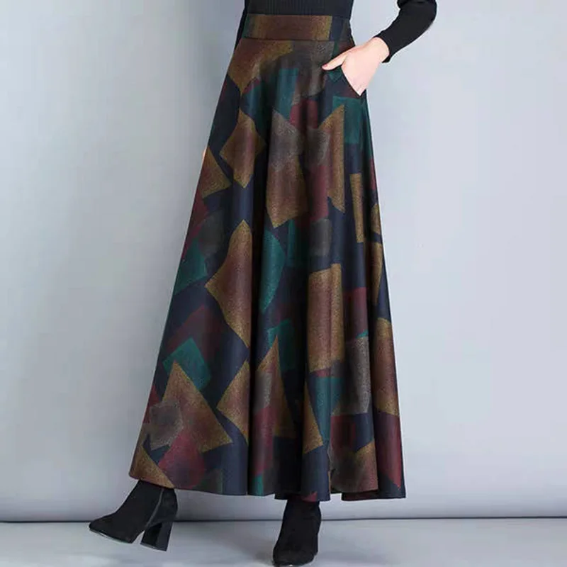 Plus Size Retro Dress Women's Autumn Winter Skirt M-3xl Printed Skirt High Waist Loose Large Swing Pleated Skirt Ropa Mujer