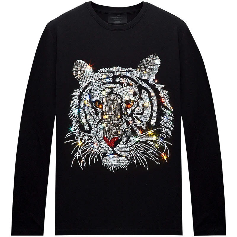 

Rhinestones Head 2023 T Shirts Tiger Men Fashion Streetwear O Neck Long Sleeve Slim Modal Cotton Casual T-shirts Plus Size 6XL
