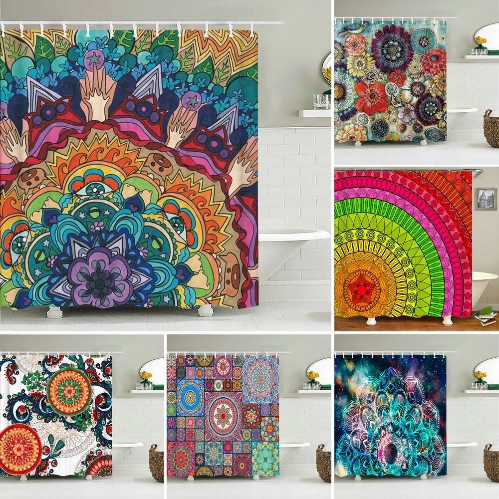 

Bohemian Beach Fabric Shower Curtain Bathroom Curtains Indian Mandala Flower Waterproof Fabric Bath Screen with 12 Hooks