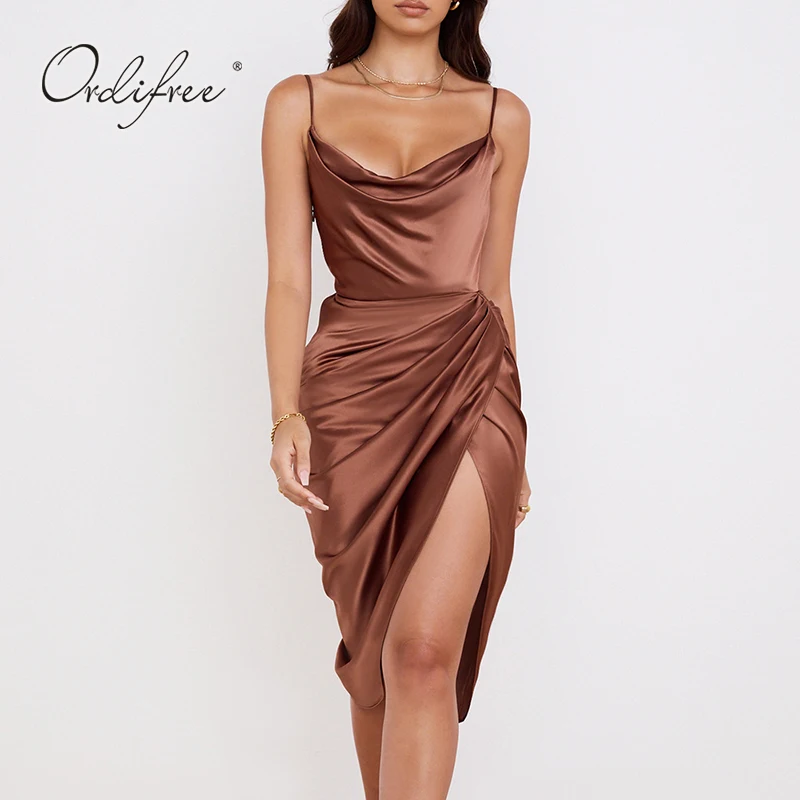 

Ordifree 2022 Summer Women Satin Slip Dress Backless Spaghetti Strap Club Wear Sexy Bodycon Slit Party Dress