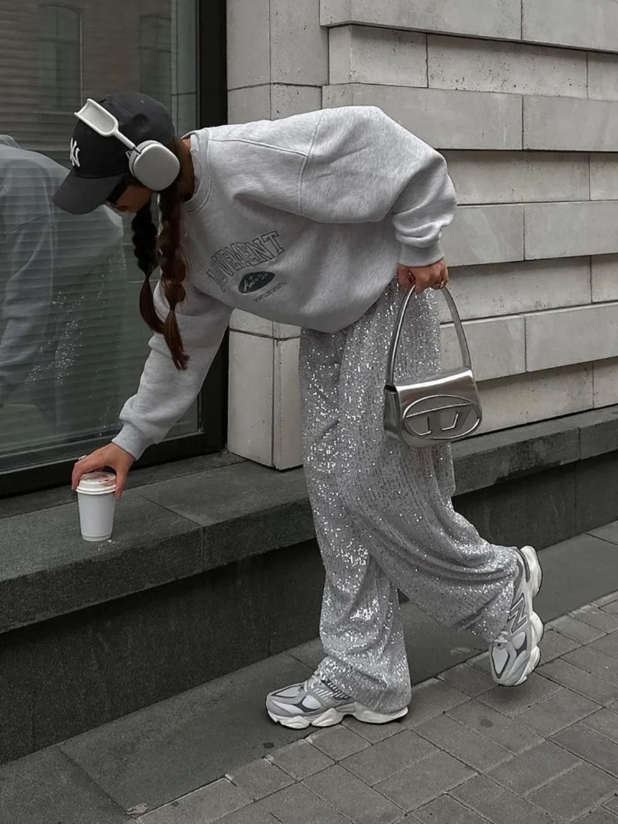 Прямые Брюки с блестками для бегунов брюки-карандаш наряд вечеринок блеск