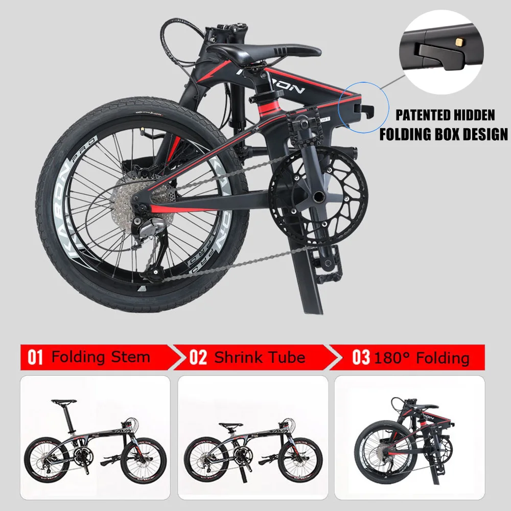 Folding Bicycle 20 Inch T800 Carbon Fiber Frame Bike Disc Brake 9-Speed Super Light Carrying City Commuter Cycling Bicycle