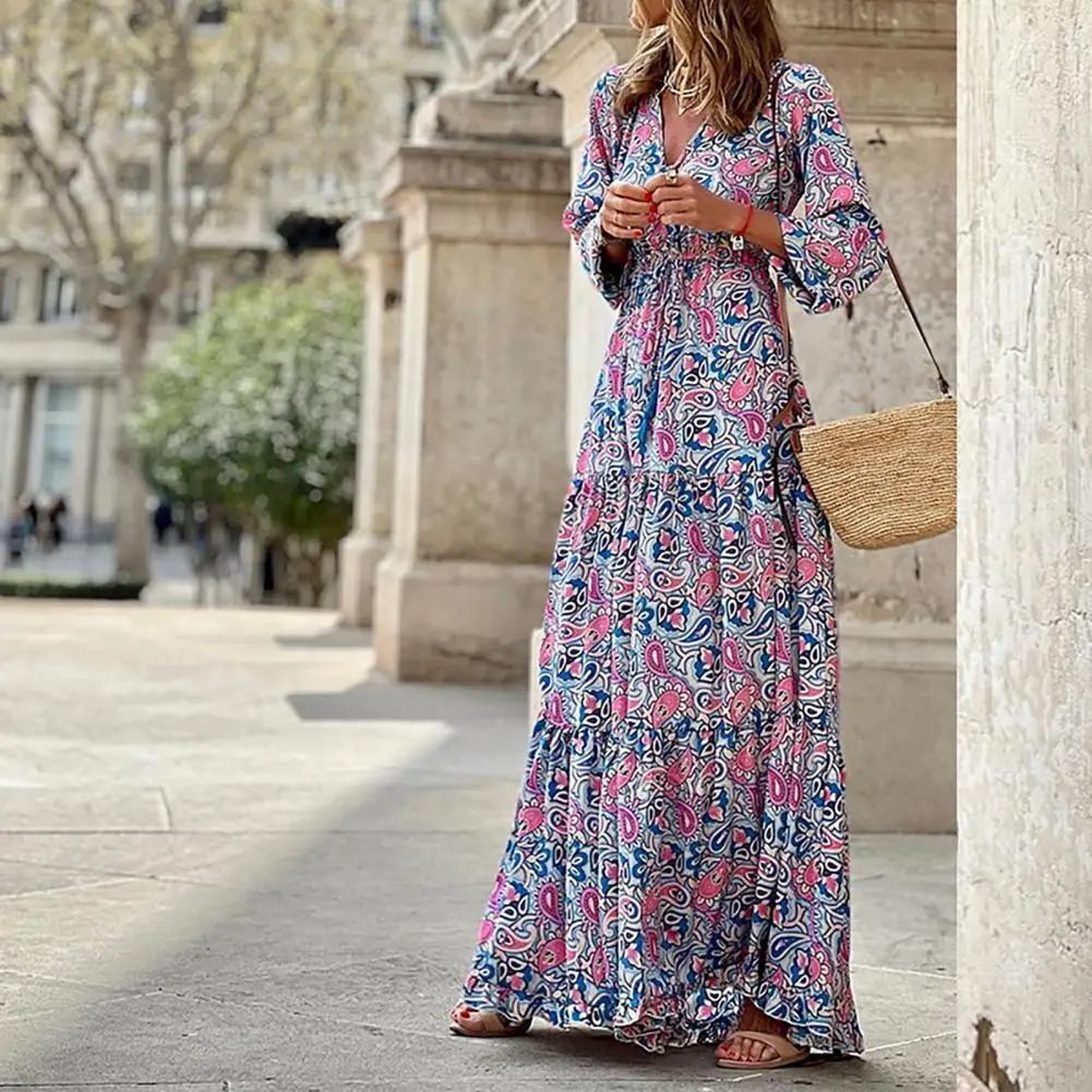 

Puff Sleeve Boho Maxi Dress Elegant Women Summer 2022 Casual Floral Drawstring V-Neck Loose Holiday Beach Dresses Party Vestidos