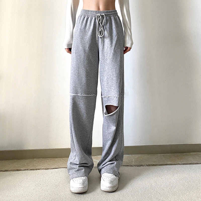 

Spring Summer Fashion Loose Solid Color Holes Women Straight Pants High Waist Wide Leg Trousers Y2k Joggers Gray Sweatpants