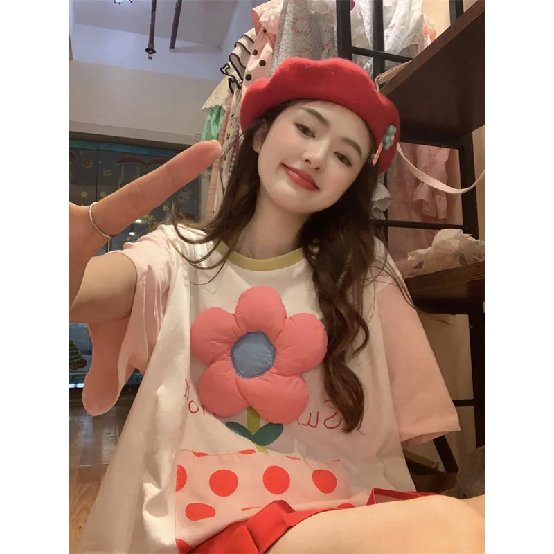 

Sweet Korean 3D Flower T-shirt for Women's Summer 2023 New Design Sense Color Blocked Loose Mid length Top ins