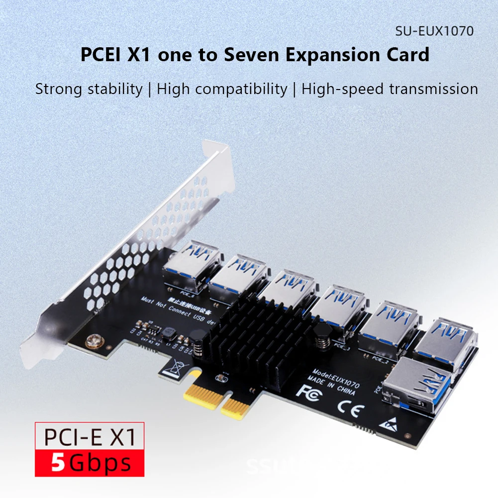 

EUX1070 PCI-E 1x 1 to 7 Riser for BTC Mining PCI Express USB3.0 Multiplier Card Multiplier Connector Heat Sink