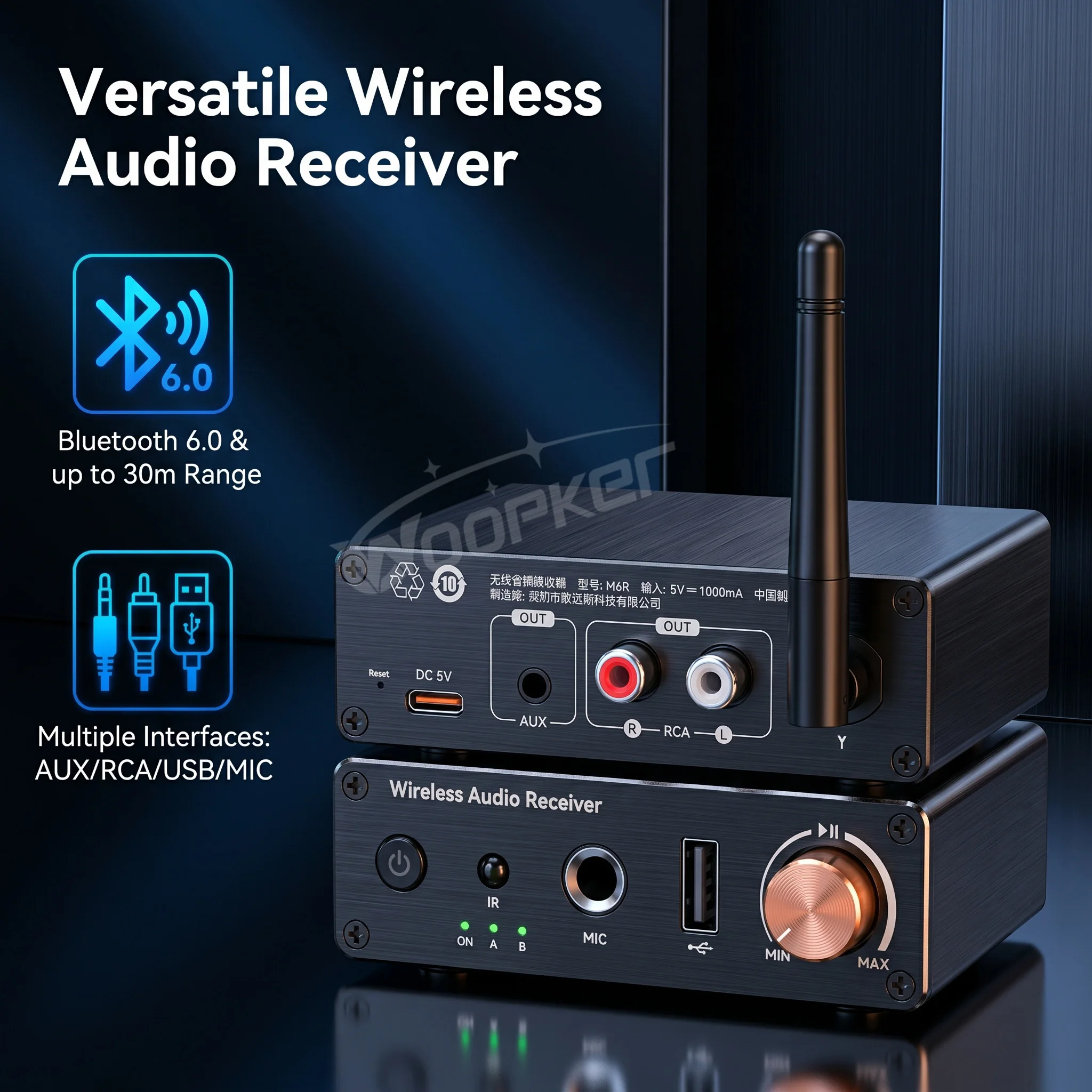 Фото Беспроводной аудиоприемник-передатчик WOOPKER Bluetooth 6.0, адаптер 3,5 мм AUX RCA USB с ИК-пультом дистанционного управления для ПК, телевизора, автомобильных колонок №4