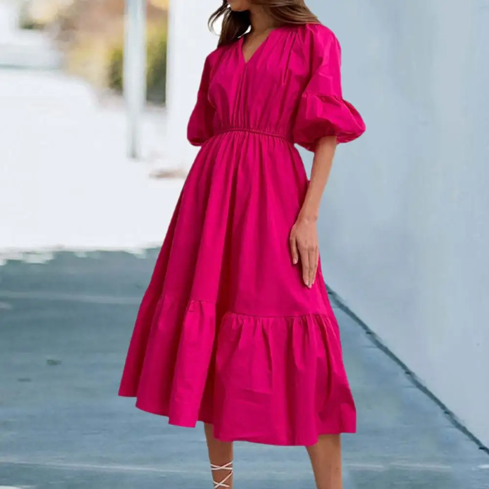 

2022 Women Waist Tight High-Waist A-Line Ruffle Stitching Hem Women Dress Summer Puff Half Sleeve V-Neck Long Dress Streetwear