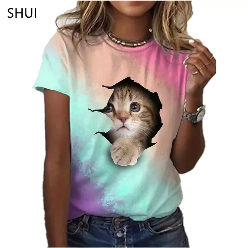 

2023NEW New Cute Animal Cat 3D Print Round Neck T-shirt Women's Fun Short-sleeve Top Summer Pullover Retro Style Fashion Cas