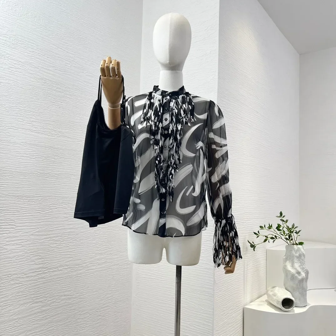 Новинка 2024 Высококачественная блузка из чистого шелка с застежкой на пуговицах