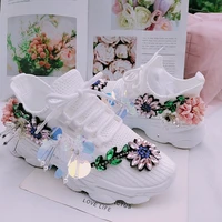 womens round toe sneakers rhinestones diy flowers shiny girls shoes casual sweet pink lolita gift new 2022 mesh breathable