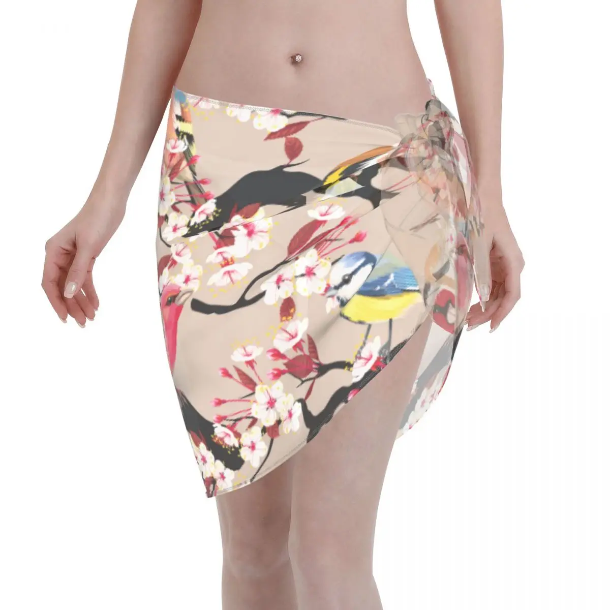 

Birds Pink Flowers Sexy Women Beach Bikini Cover Up Wrap Chiffon Swimwear Pareo Beachwear See Through Bikini Skirts Swimsuit