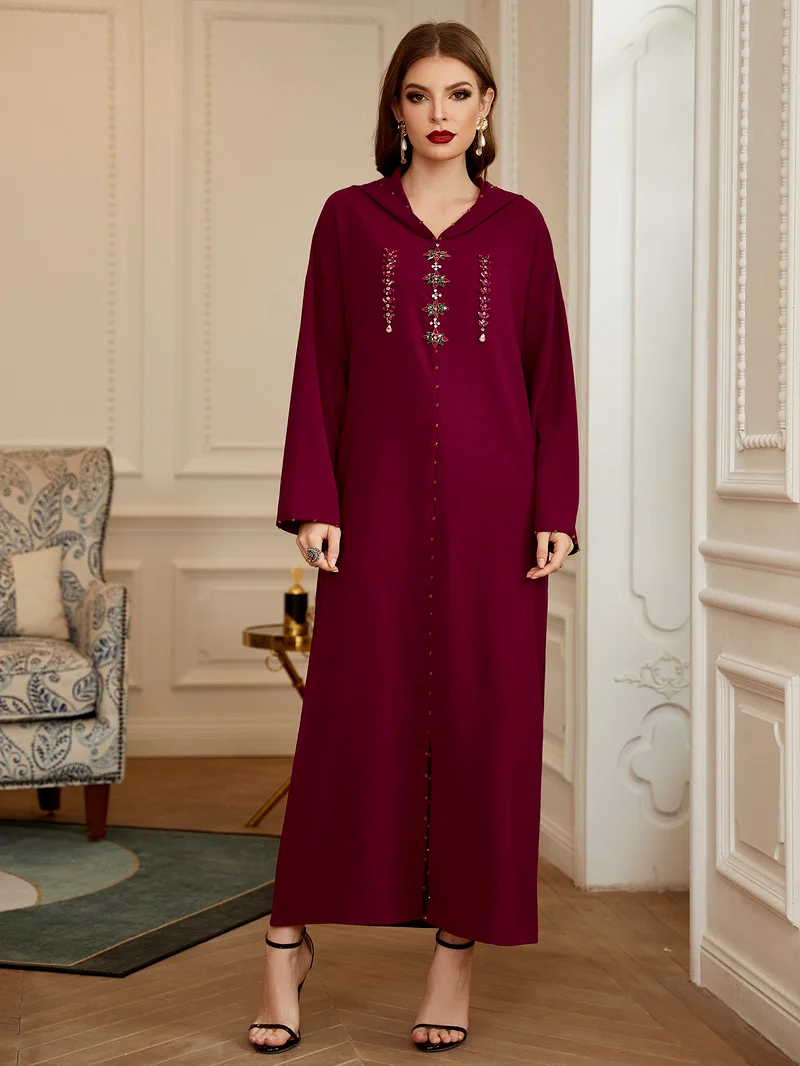 Hooded Rhinestones Beaded Slit Caftan Marocain Robe Dubai 2022 Sweet Women's Dresses for Party Loose Gulf Abayas Purple