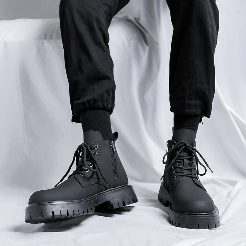 

Autumn Winter New British Street Style Solid Black Hombre Teenagers Daily Dress Ankle Top Boots For Men's Hight Quality Shoes