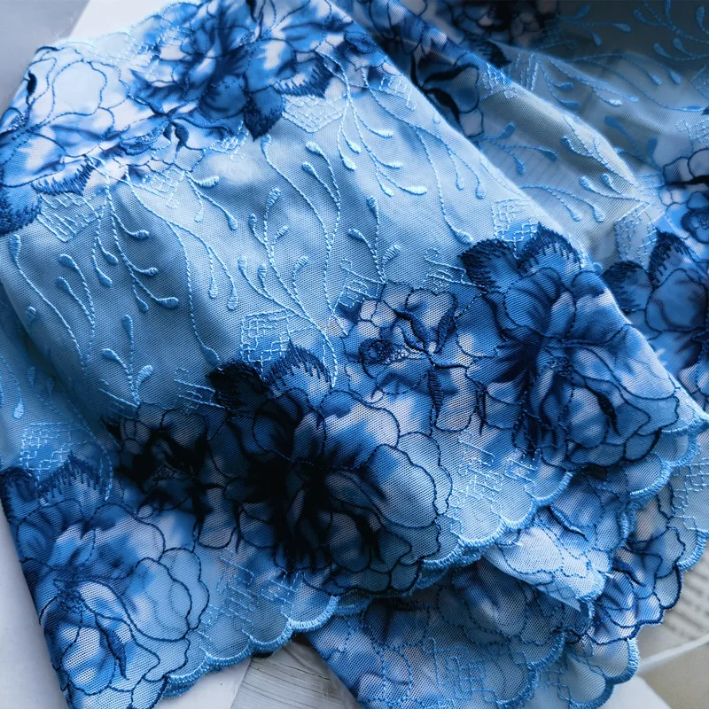 

6 метров, синяя Тюлевая ткань, вышивка, кружевная отделка, «сделай сам», эластичное цветочное вышитое кружево для нижнего белья, аксессуары для шитья, 16 ярдов, синий