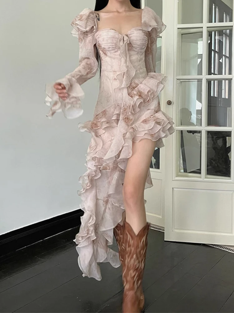 

Праздничное романтическое женское платье с красивой текстурой, Элегантное Длинное пляжное платье с трехмерными оборками спереди и сзади