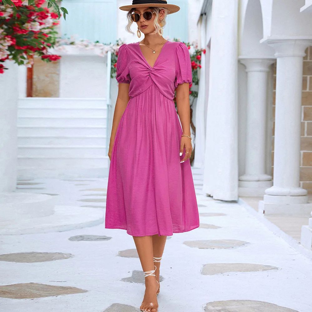 

Spring Summer Tie Up Puff Sleeve V-neck Rose Red Solid Color Midi Dress Women Casual Loose Elegant High Waist Holiday Vetidos