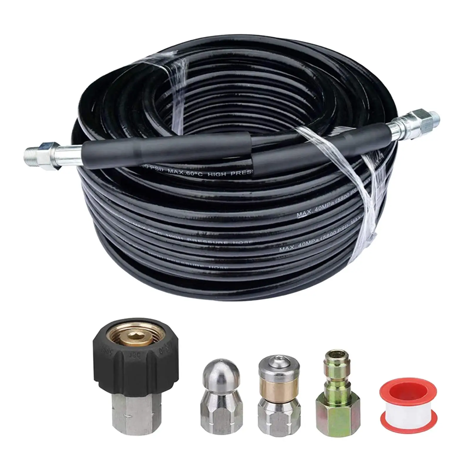 

Sewer Kit Pressure Washer - 1/4 Inch NPT, Drain Cleaning Hose, And Rotating Sewer Jetting Nozzle with Wrench, 5800 PSI