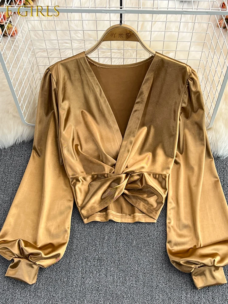 

E GIRLS Spring Autumn Sexy Satin Blouse Women Elegant V-Neck Twist Lantern Long Sleeve Party Tops Female Elegant Gold/Black New