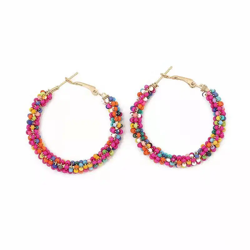 Exaggerate Bohemia Hoop Earring Colorful Beaded Fashion Women Hoops Trendy Big Beads Earring Boho Statement Jewelry Wholesale images - 6