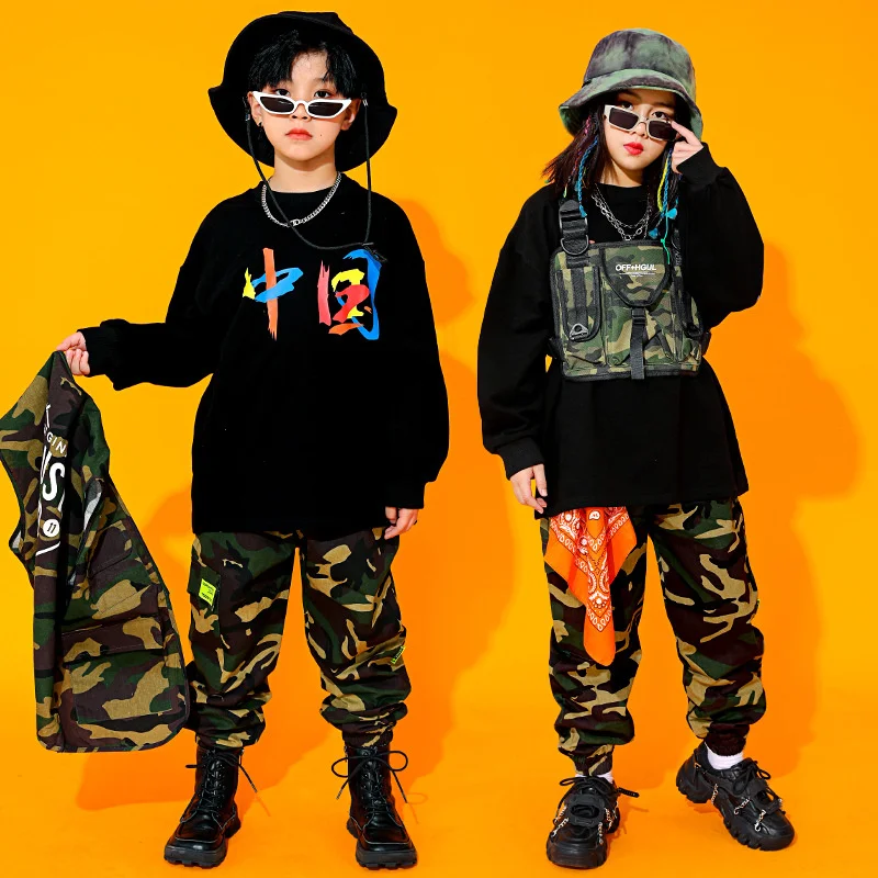 

Trendy children's camouflage hiphop hip-hop costume boys' suit waistcoat hip hop girls' Jazz Dance Costume