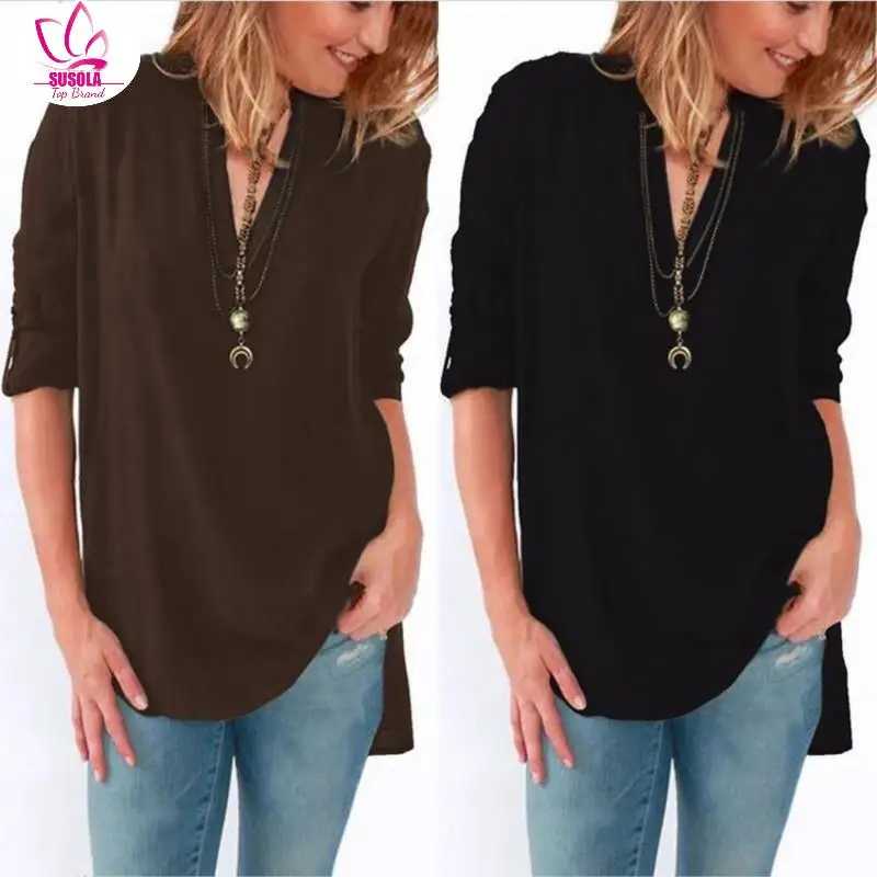 

SUSOLA Lady Summer Women Chiffon Blouse Long Sleeve V-collar Loose Chiffon Shirt 9 Colors Woman Shirts