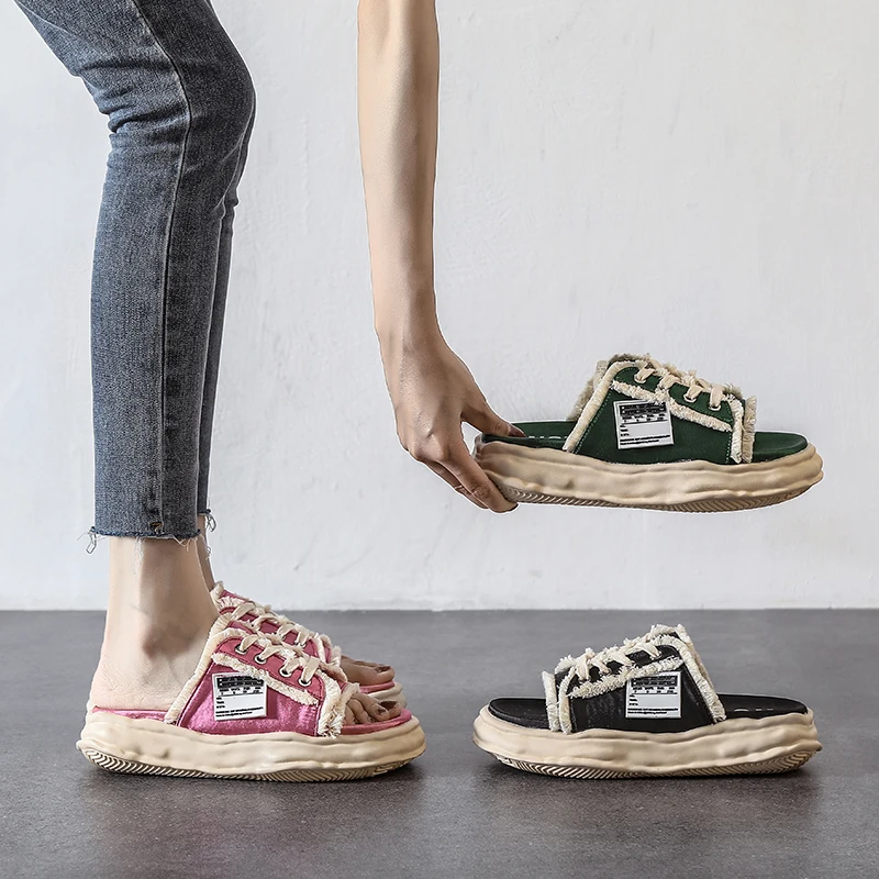 Half slippers for women to wear in summer, new 2023 thick soled one line silk slippers with lace up open toe sandals