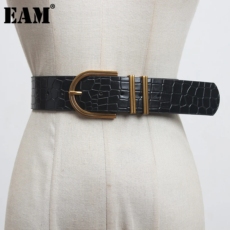 

[EAM] Pu Leather Black Buckle Split Joint Long Wide Belt Personality Women New Fashion Tide All-match Spring 2023 1DC099