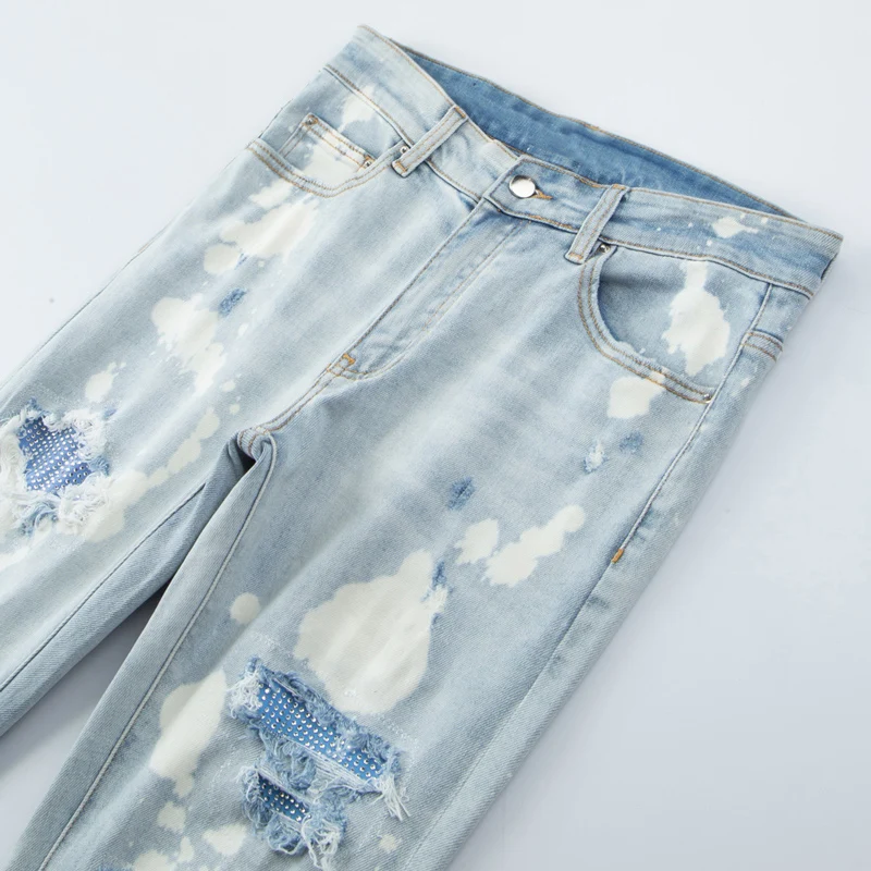 High Street Fashion Men Jeans Retro Light Blue Elastic Skinny Fit Ripped Jeans Men Painted Designer Patched Hip Hop Brand Pants