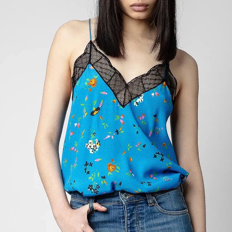 

High Quality 2023 Spring Summer Women Fashion Designer Sexy Spaghetti Strap Floral Printed Lace Patchwork Tank Vest Camis Tops