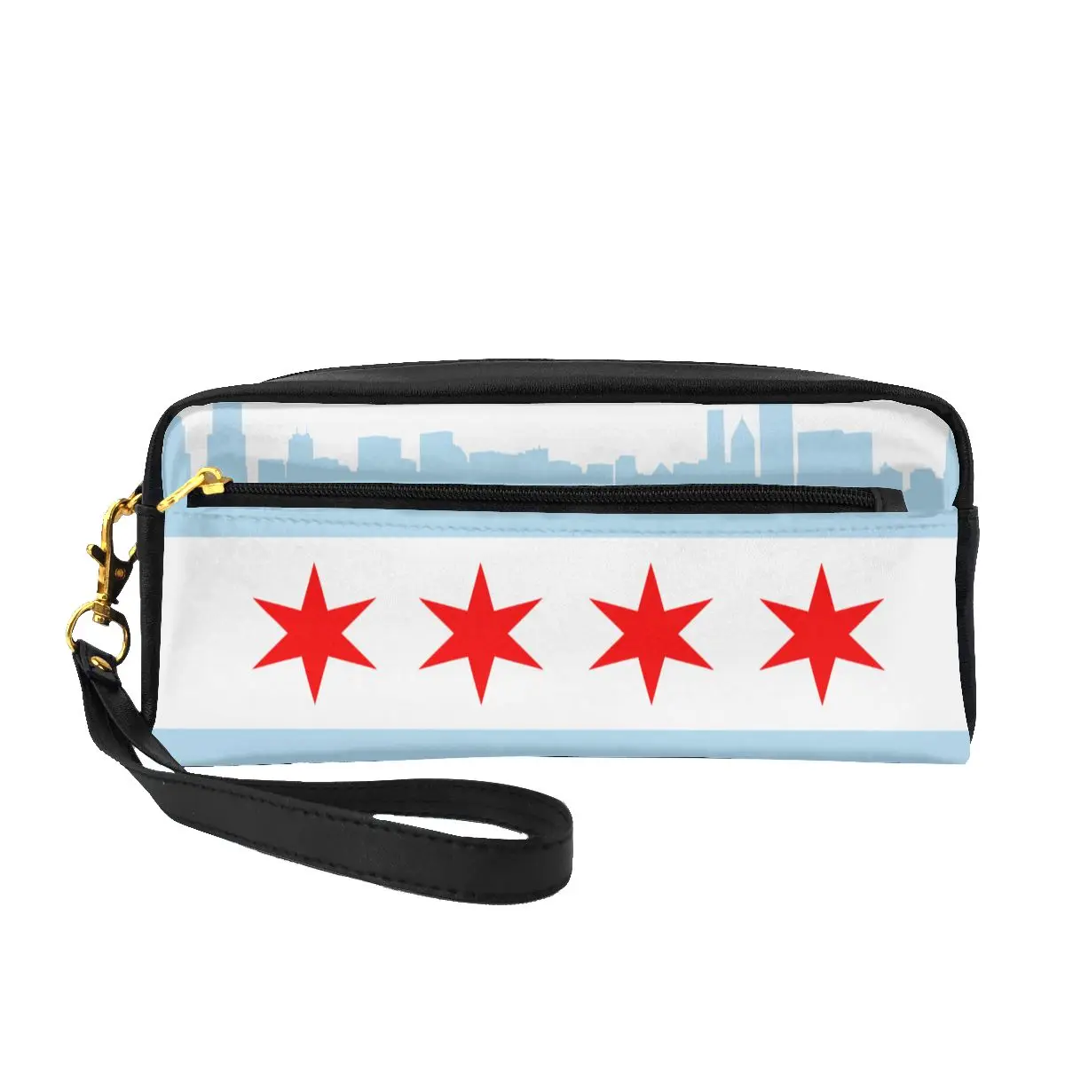 

Makeup Bag PU Leather Cosmetic Bag City Of Chicago Flag With High Buildings Scenery Dressing Pen Storage Bag Student Pencil Case