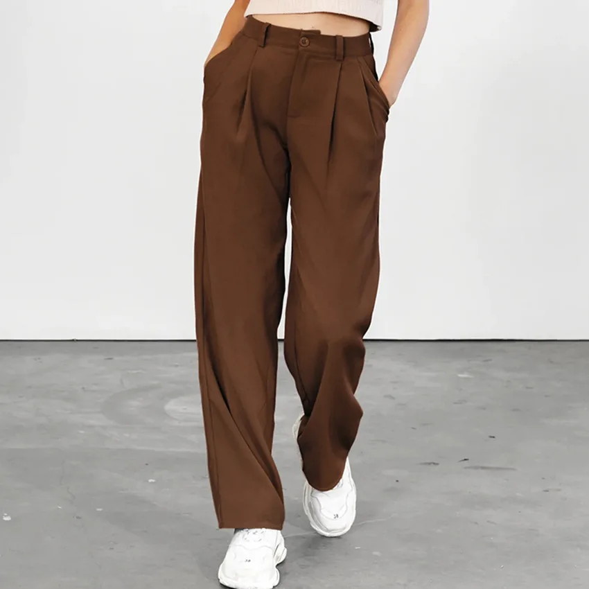 

Wide Leg Classic Suit Brown Tailored Trousers Palazzo Office Elegant Lady Casual Black Pants Female High Waist Pleated Pantalon