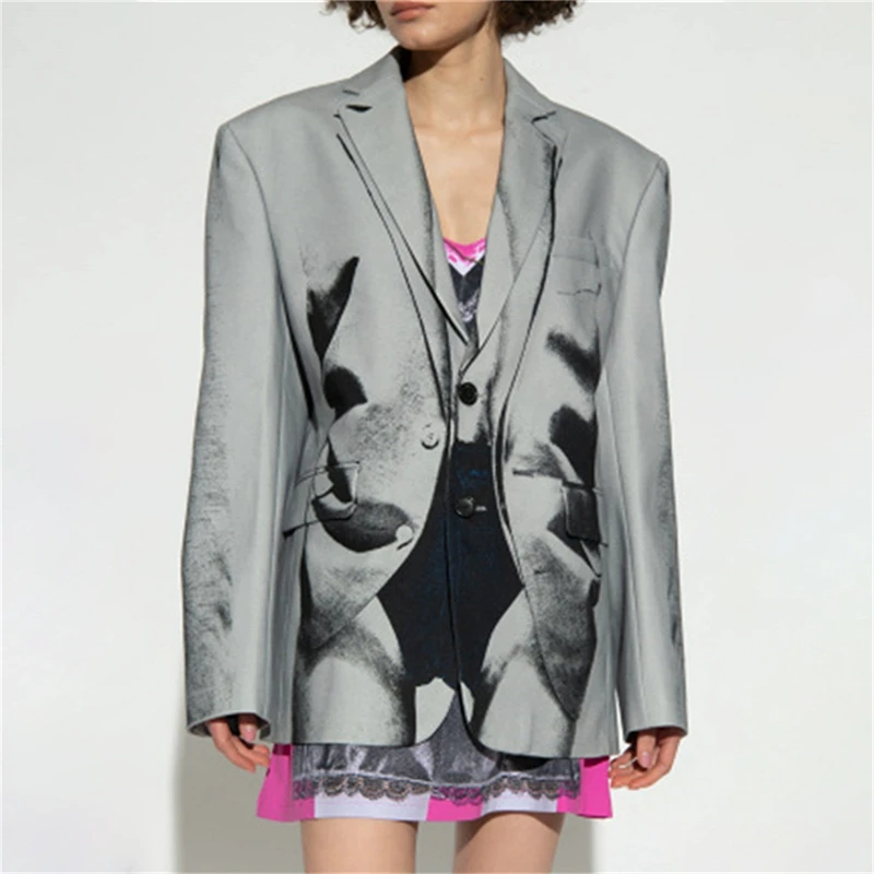 

2023FW new women's lapel single-breasted gray 3D graffiti fake two-piece printed blazer y2k fashion retro loose casual jacket