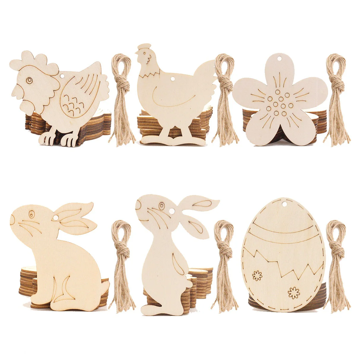 

30pcs Unfinished Wooden Ornaments Egg Bunny Chicks Flower Cutouts Shapes Tree Party Gift Tags with Ropes