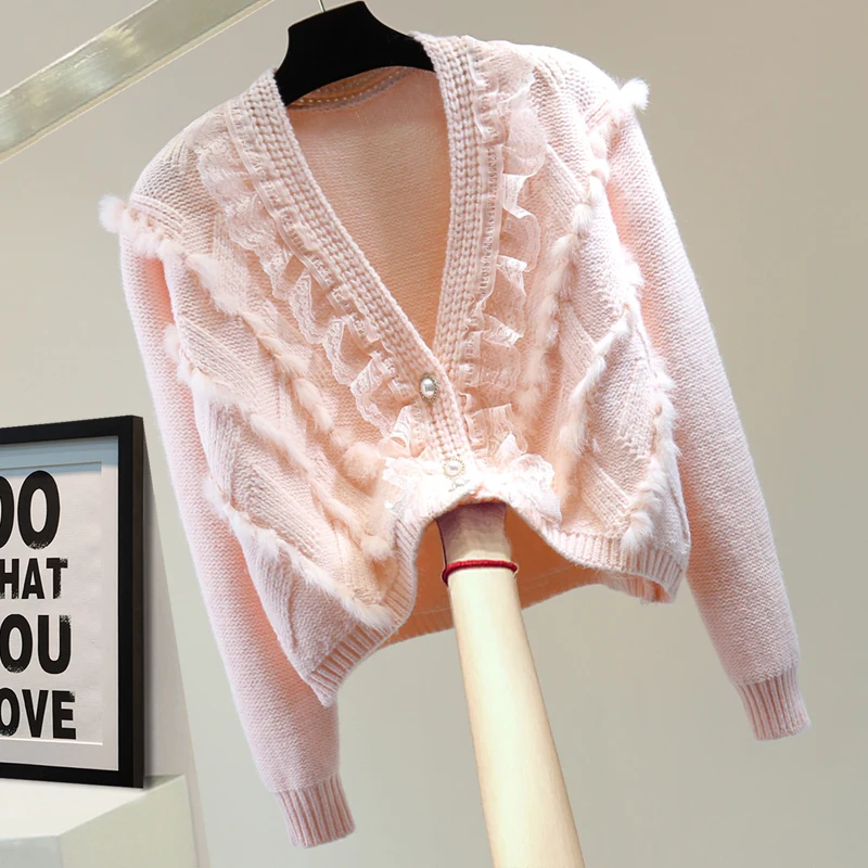 

High Waist Short V-neck Sweater Coat Women Stitching Lace Solid Color Long Sleeve Sweaters 2022 Winter Spring Cropped Cardigans