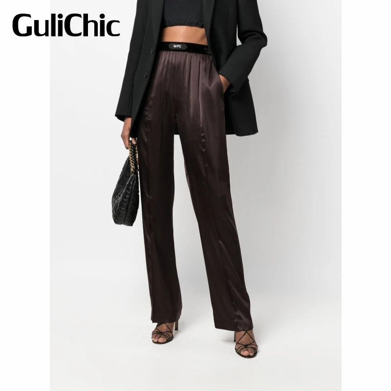 

4.18 GuliChic Women Letter Label Pocket Casual Trousers High Waist Draped Straight Pants